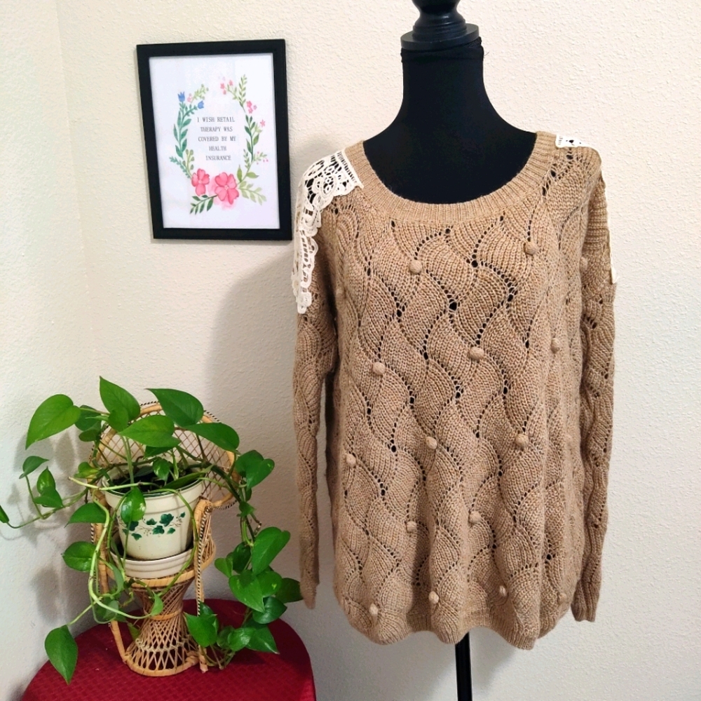 Ryu Women’s Oversized Sweater Size S/M Tan Boho Open Knit Wool Angora Blend
